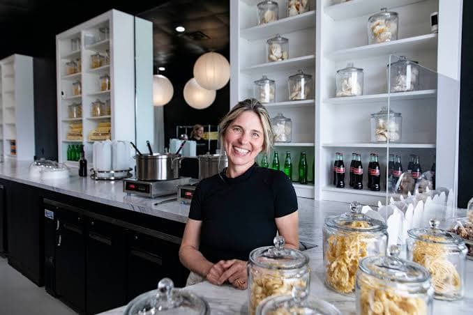 Abney Harper, chef and co-founder of Prima Après, behind the pasta counter