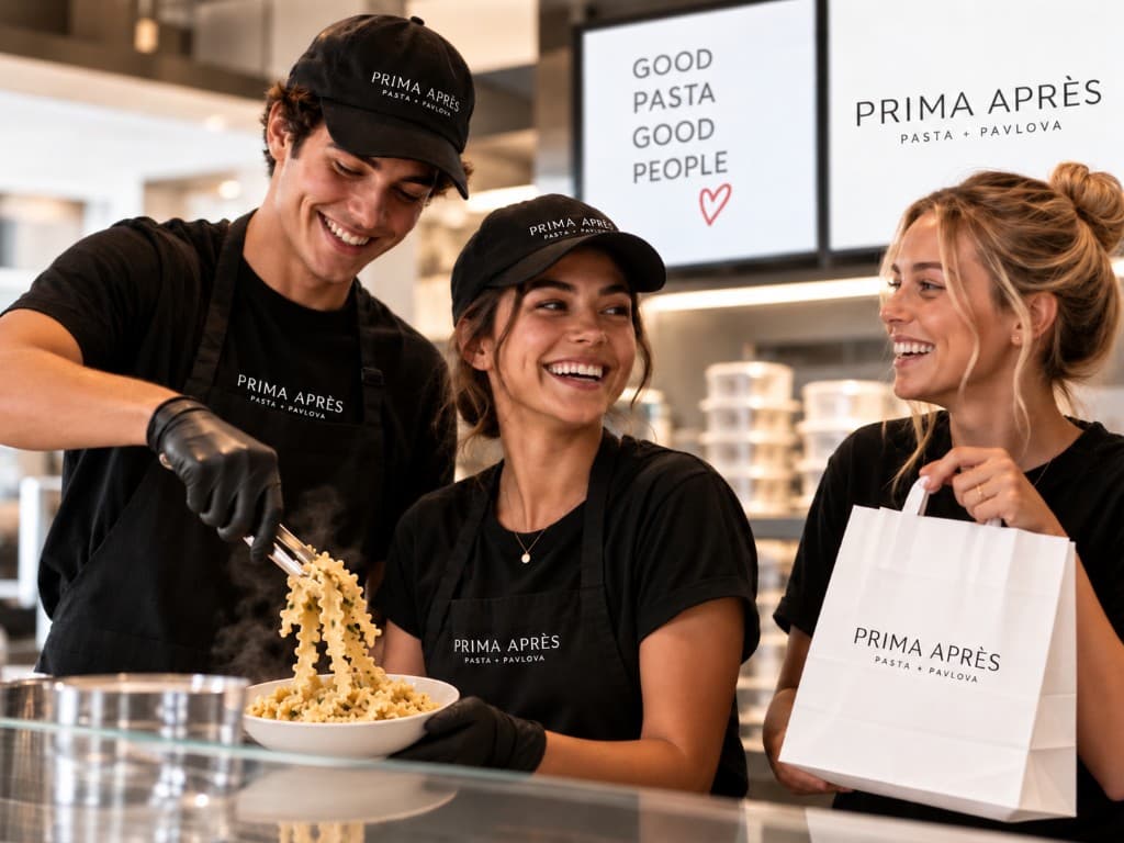 The Prima Après crew plating lunghe, the house ruffled pasta